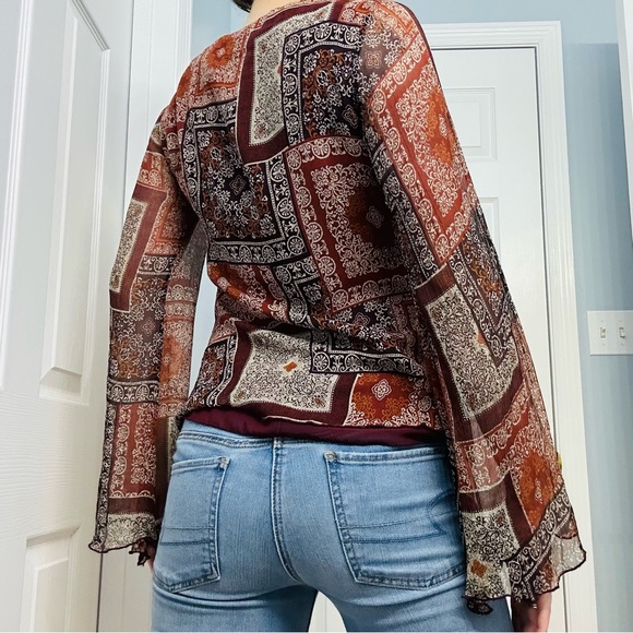 Y2K Blouse Fairy Long Sleeve Flared Silk Whimsigoth Boho Patterned Red Medium - Picture 3 of 8